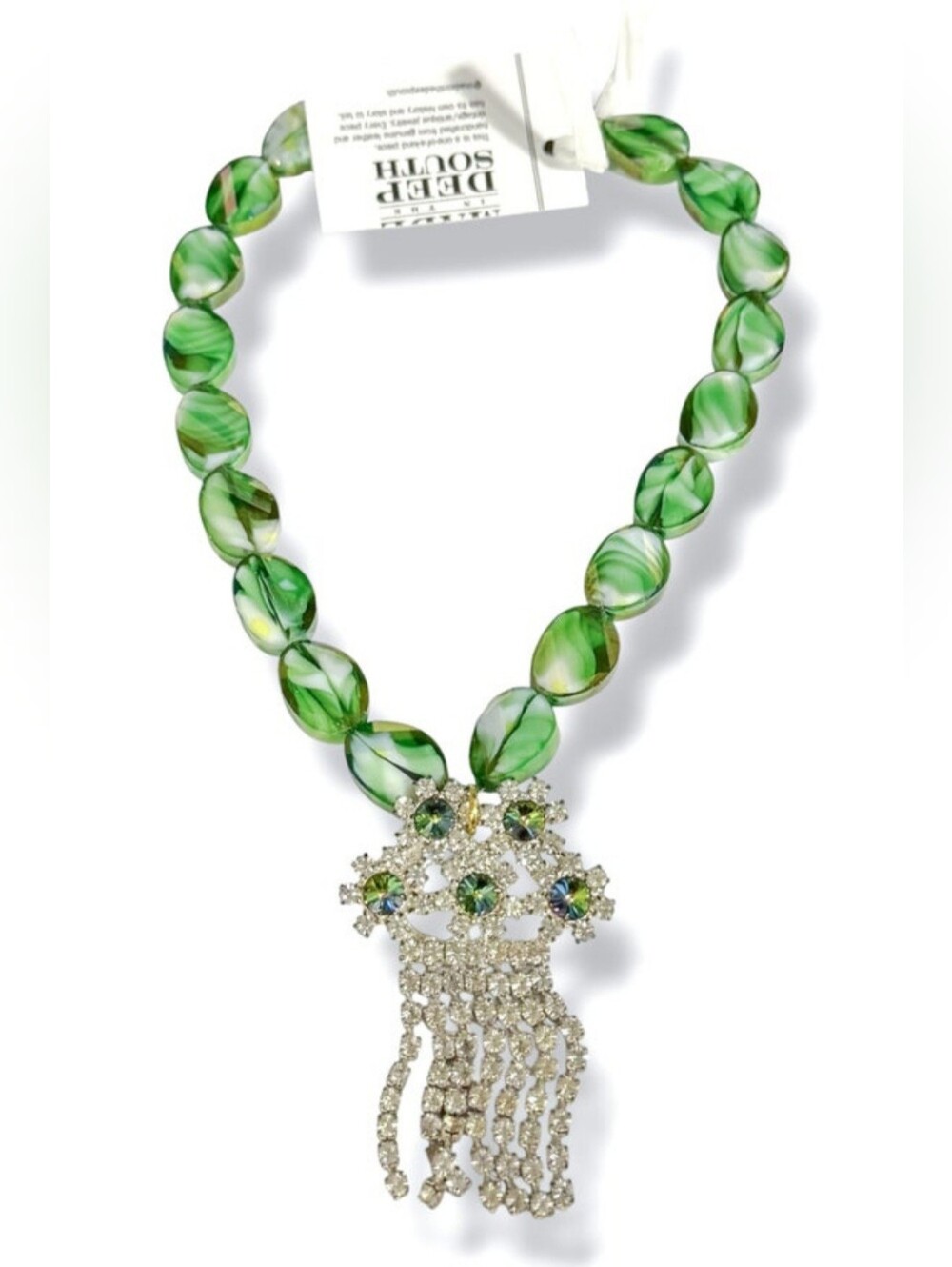 Vintage Green Swirl Beaded Necklace with Crystal Fringe Pendant